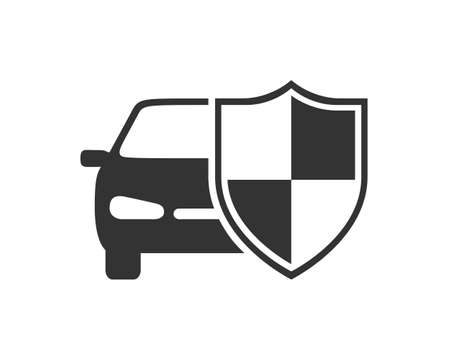 Car behind shield graphic icon. Car insurance sign isolated on white background. Symbol of protections car.のイラスト素材