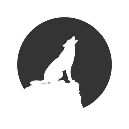 Wolf on the rock graphic icon. Wolf howls at the Moon. Sign in the circle isolated on white background. Vector illustrationのイラスト素材