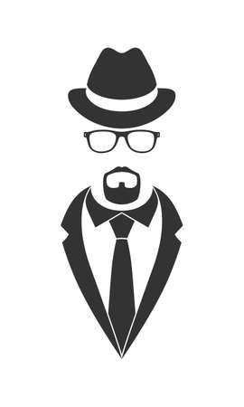 Male person graphic icon. Unknown man in suit and necktie with beard, glasses and hat. Graphic sign isolated on white background. Vector illustrationのイラスト素材