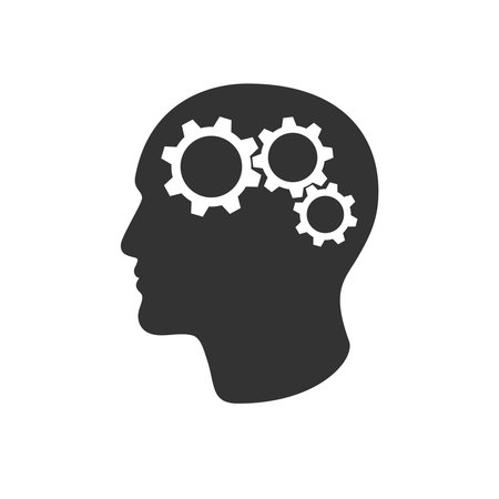 Person head with gears graphic sign. Idea search and making a decision symbol. Business concept. Vector illustrationのイラスト素材