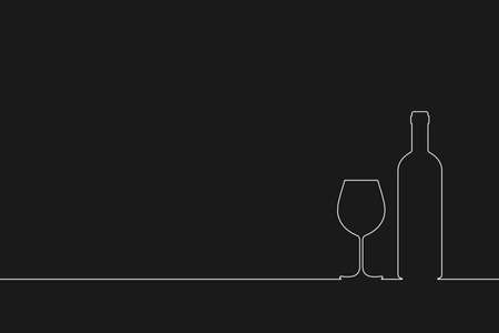 Wine bottle and wine glass outline on the table. Symbol tasting or presentation of wine isolated on black background. Vector illustrationのイラスト素材