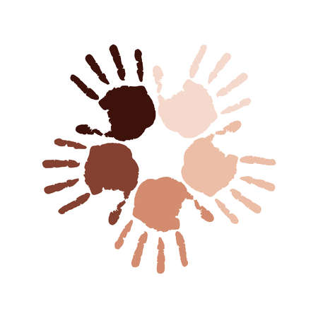 Hand prints different tone skin in circle. Symbol racial equality and diversity. Partnership and mutual assistance concept. International day of tolerance. vector illustrationのイラスト素材