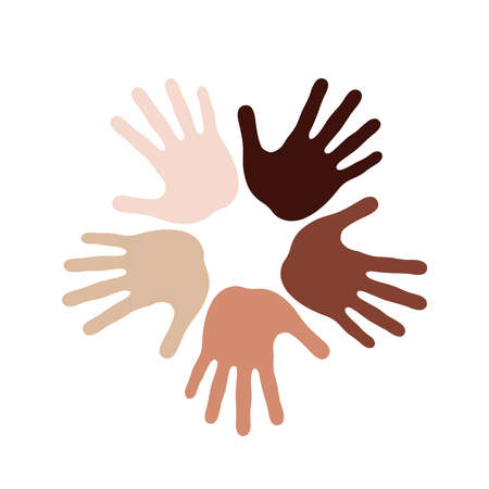 Hand prints different tone skin in circle. Symbol racial equality and diversity. Partnership and mutual assistance concept. International day of tolerance. vector illustrationのイラスト素材