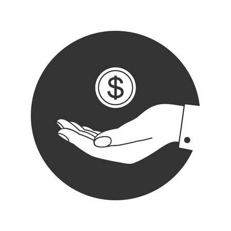 Money in hand graphic icon. Dollar falling in hand. Sign in the circle isolated on white background. vector illustrationのイラスト素材