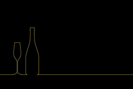 Champagne bottle and glass on the table silhouettes with space for text. Linear symbol isolated on black background. vector illustrationのイラスト素材