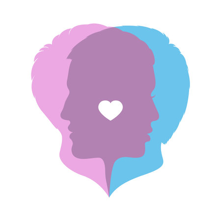 Man and women overlapping profile with heart graphic icon. Two lovers sign isolated on white background. vector illustrationのイラスト素材
