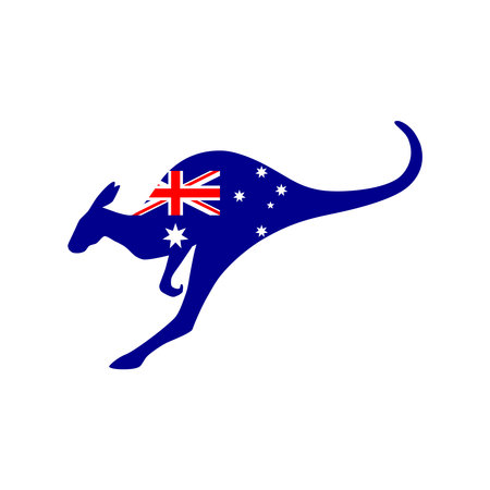Australia flag on kangaroo silhouette. Graphic sign isolated on white background. vector illustrationのイラスト素材