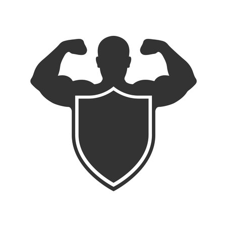 Strong man behind shield graphic icon. Healthy lifestyle and fitness symbol. Sign isolated on white background. vector illustrationのイラスト素材