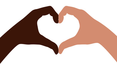 Gesture of the two hands with different color skin folded as heart. Hands folded in the shape of a heart, sign isolated on white background. Symbol racial equality and diversity. vector illustrationのイラスト素材