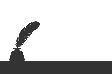 Inkwell and feather graphic silhouette. Ink feather with inkwell on the black flat surface. Literature background with blank space. vector illustrationのイラスト素材
