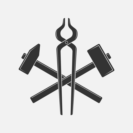 Blacksmith tools graphic sign. Smithy symbol. Forging tools sign isolated on white background. Vector illustrationのイラスト素材