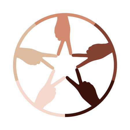 Star from the fingers of human hands with different skin color. Symbol racial equality and diversity. Partnership and mutual assistance concept. International day of tolerance. Vector illustrationのイラスト素材