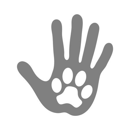 Take care of animals. Animal friendly symbol. Animal paw print on handprint human. Isolated symbol on white background. Vector illustrationのイラスト素材
