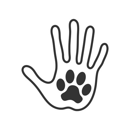 Take care of animals. Animal friendly symbol. Animal paw print on handprint human. Isolated symbol on white background. Vector illustrationのイラスト素材