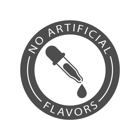 Free of artificial flavors graphic icon. Without artificial flavors isolated sign on white background. Prohibition badges dropper with drop. Vector illustrationのイラスト素材