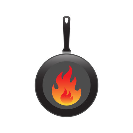 Cooking food logo template. Frying pan and flame graphic sign isolated on white background. Vector illustrationのイラスト素材
