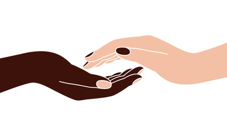 Gesture of the two hands with different color skin outstretched to each other. Sign isolated on white background. Vector illustrationのイラスト素材