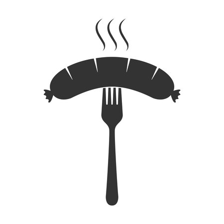 Grilled sausage on fork icon. Hot sausage on fork isolated sign on white background. Vector illustrationのイラスト素材