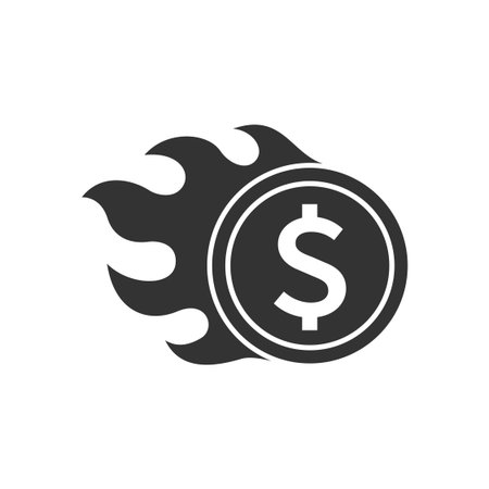 Burning coin graphic icon. Fire money sign isolated on white background. Business metaphor. Vector illustrationのイラスト素材