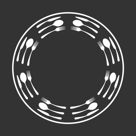 Framing from cutlery. Spoon, fork and knife in a circle graphic background. Frame isolated on black background. Vector illustrationのイラスト素材
