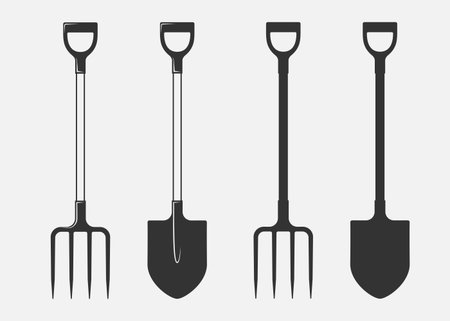 Spades and pitchforks graphic icons set. Work tools signs isolated on white background. Vector illustrationのイラスト素材