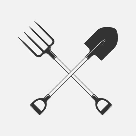 Crossed gardening and farming tools. Spade and pitchfork graphic icon. Sign isolated on white background. Vector illustrationのイラスト素材