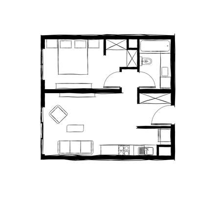 Illustration of one bedroom flat with open kitchen design with one bathroom.  1BHK architectural...