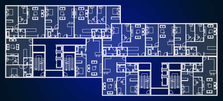 Twin apartment blocks drawing with different types of residential units. Architectural drawing...
