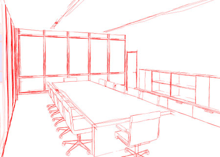 3d illustration of a small meeting room in an office. Red colored outlines in hand sketch style.の写真素材