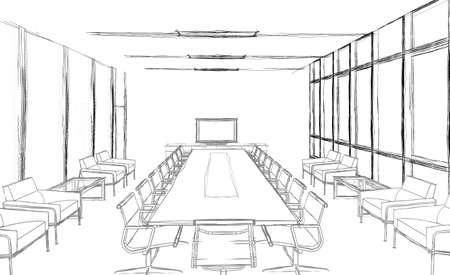 3d illustration of a big meeting room in an office. Black and grey colored drawing in hand sketch style.の写真素材