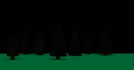 Abstract 3d illustration of a group of Christmas trees in different forms. New Year celebration scene with green ground and black background.の写真素材