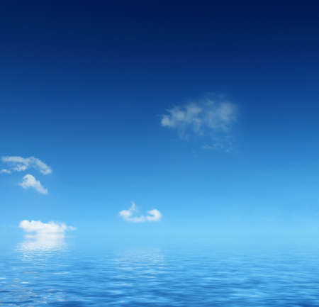 cloudy blue sky leaving for horizon above a blue surface of the seaの写真素材