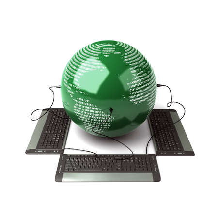 Earth Globe connected with computer keyboardの写真素材