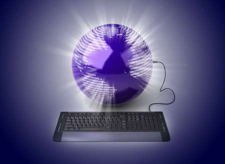 Earth Globe connected with computer keyboard.の写真素材