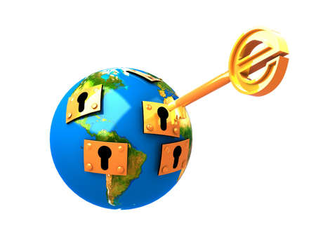 3d illustration of key and planet の写真素材