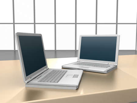 laptop on office desk の写真素材