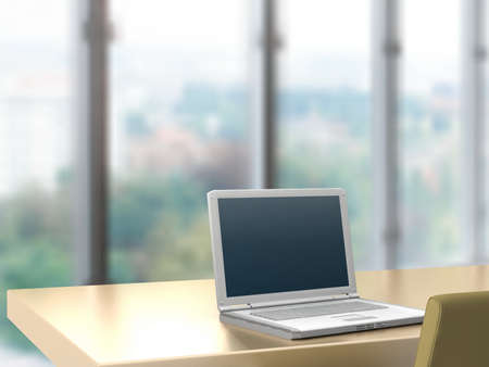 laptop on office desk の写真素材