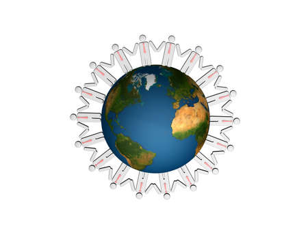 Group of people standing round globe の写真素材
