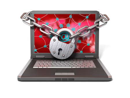 Laptop with lock and chain の写真素材