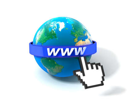 3d illustration of earth globe with internet address, over white background の写真素材