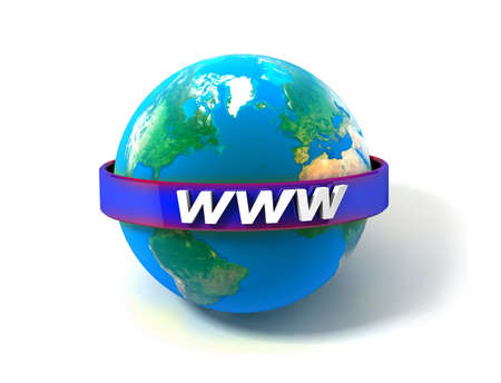 3d illustration of earth globe with internet address, over white background の写真素材