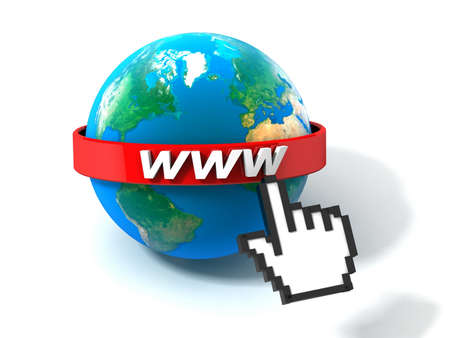 3d illustration of earth globe with internet address, over white background の写真素材