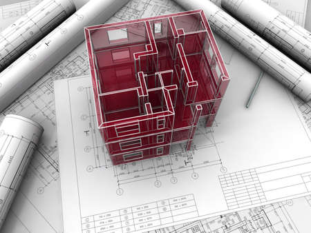 Breadboard model of a building made under drawingsの写真素材