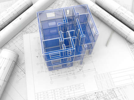 Breadboard model of a building made under drawingsの写真素材