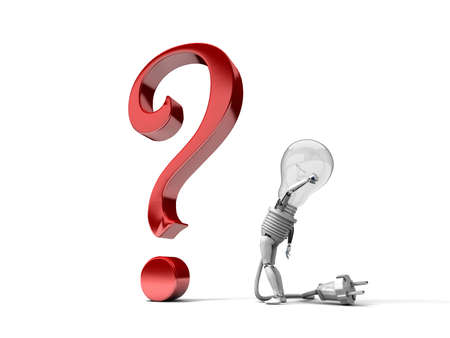 The robot "bulb" perplexedly looks at a question mark isolated on a white backgroundの写真素材