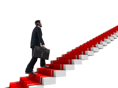 Business man climbs up to the top of 3D success stairs steps の写真素材