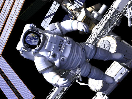 The astronaut and flying modern satellite in outer space 