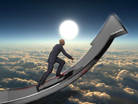 Businessman towards arrow pointing up direction overcome of economy recession concept 3d illustrationの写真素材
