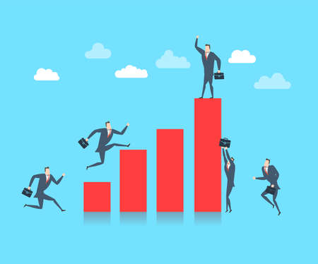 Young happy businessman on the top of the finance graph. Flat vector illustrationのイラスト素材