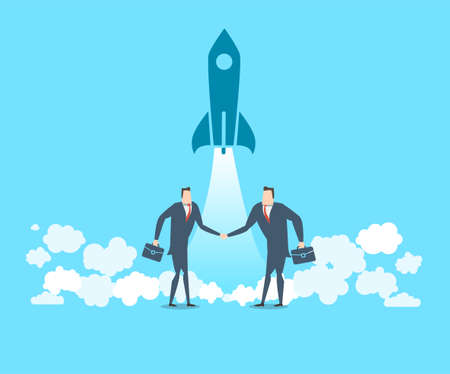 Two happy businessmen congratulate each other on the successful launch of a new project.のイラスト素材